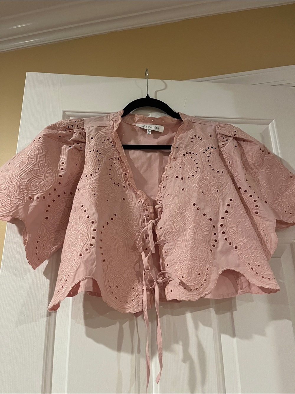 Scallop Eyelet Tie-Front Blouse in Pink
